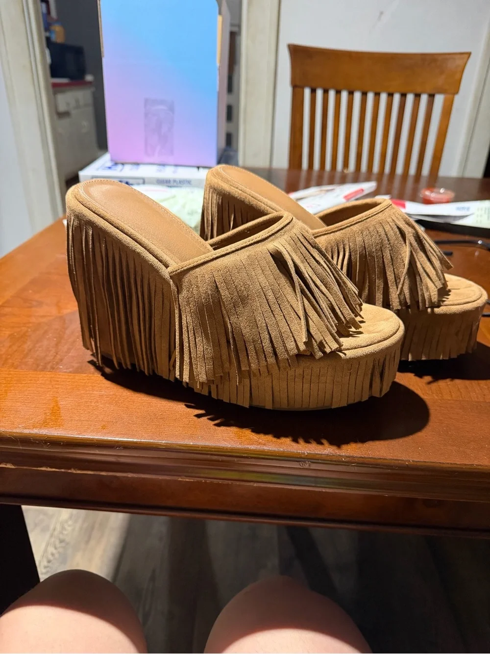 Fringe Platform Slip-On Sandals - Tan